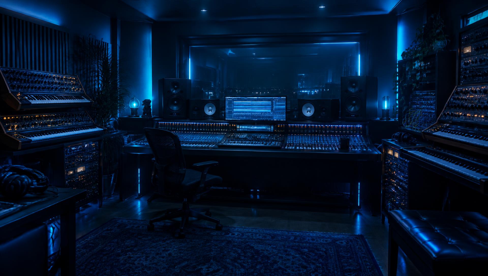 Estudio de producción musical con iluminación azul